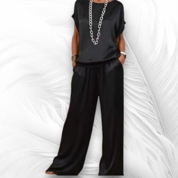 New Black Satin Lounge Set — Short Sleeve Top & Wide-Leg Pants Size: M - Picture 1 of 11